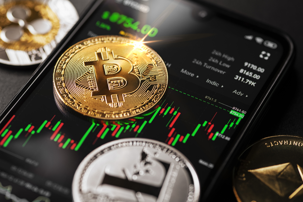 Ljubljana, Slovenia - may 12, 2020 Bitcoin cryptocurrency trading on smartphone close up